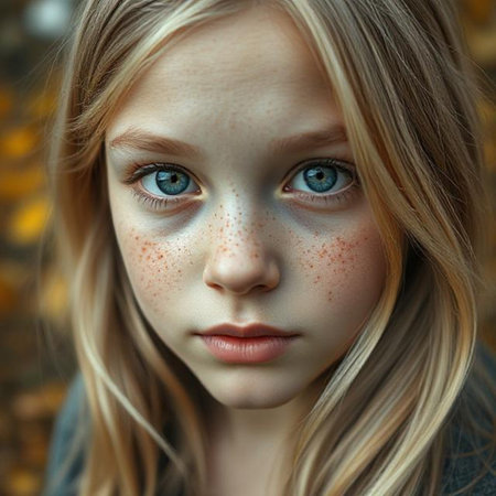 Portrait of a young girl with freckles on her faceの素材