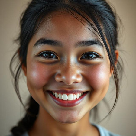 Portrait of a beautiful Asian girl smiling, close-upの素材