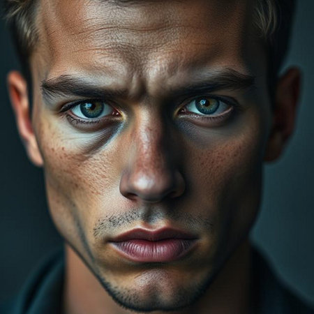 Close-up portrait of a young man with green eyes. Men's beauty, fashion.の素材