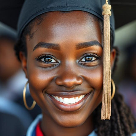 Close up portrait of African American young woman wearing graduation capの素材