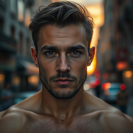 Handsome young man in the city at night. Men's beauty, fashion.の素材