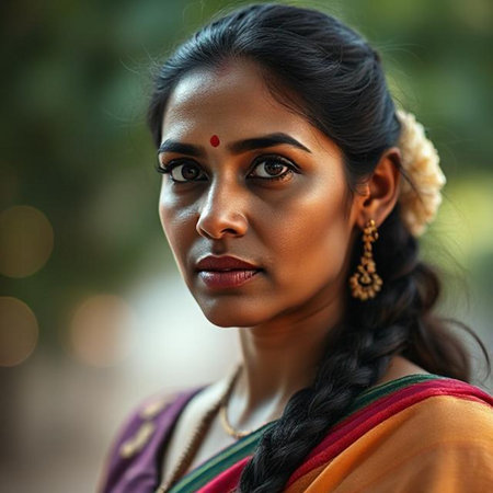Portrait of a beautiful Indian woman wearing saree and accessoriesの素材