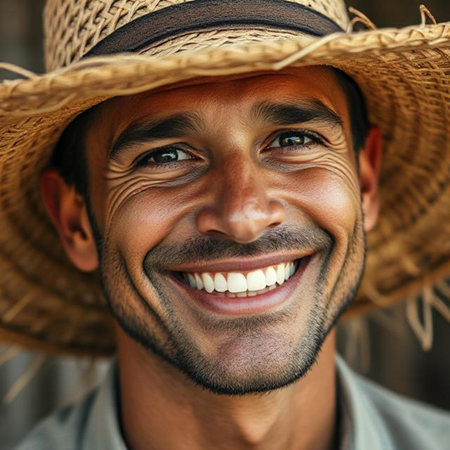 Close up portrait of a smiling young man wearing a straw hat.の素材