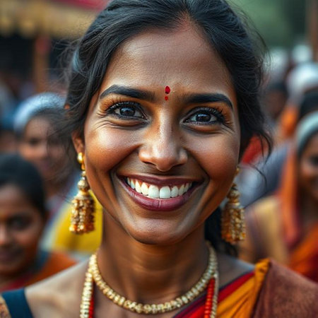 Portrait of a smiling Hindu woman in Kolkata, West Bengal, India.の素材