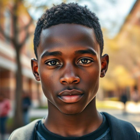 Close up portrait of a young African American man in the cityの素材