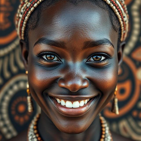 Portrait of a beautiful young African woman with black make-up.の素材