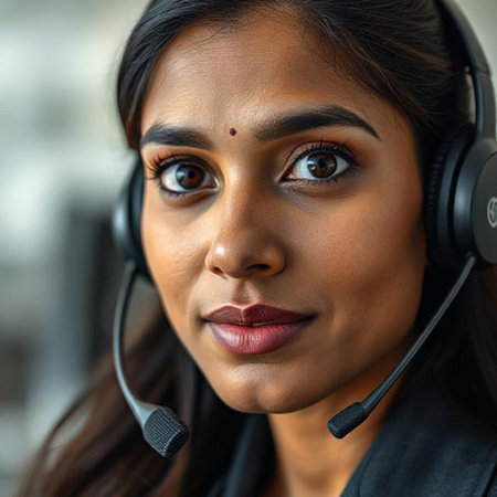 Close up portrait of young Indian businesswoman with headset looking at cameraの素材
