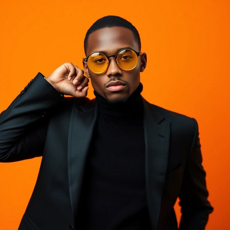 Handsome african american man in black suit and sunglasses on orange backgroundの素材