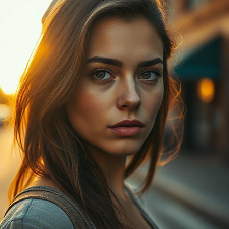 Portrait of a beautiful girl with makeup in the street at sunsetの素材