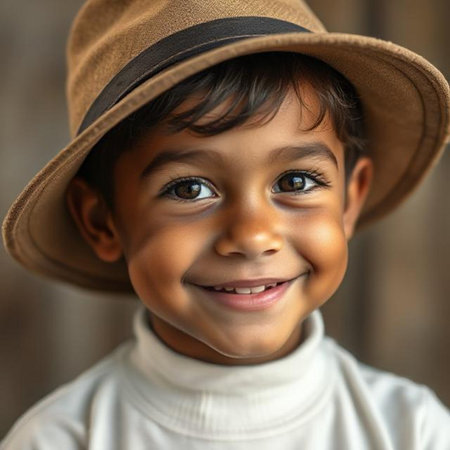 Portrait of a cute little boy wearing a hat and smiling.の素材