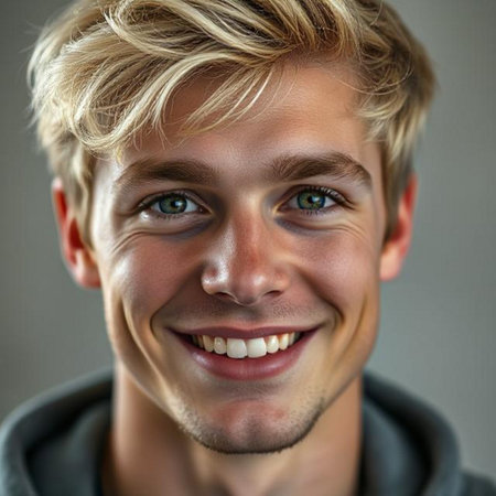 Close-up portrait of a handsome young man with blond hair.の素材