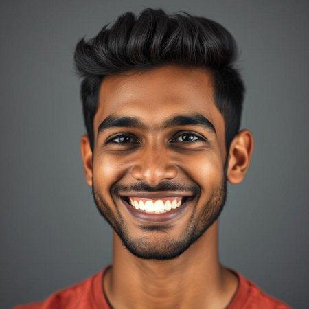 Portrait of a happy young Indian man smiling against gray backgroundの素材