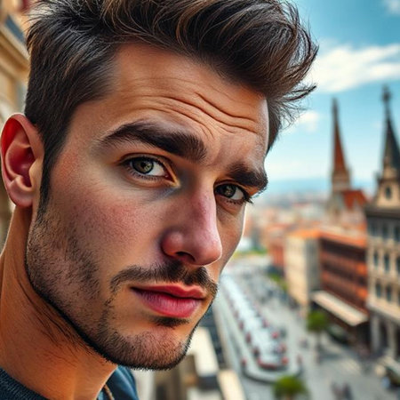Portrait of a handsome young man with beard and mustache in Barcelona, Spainの素材