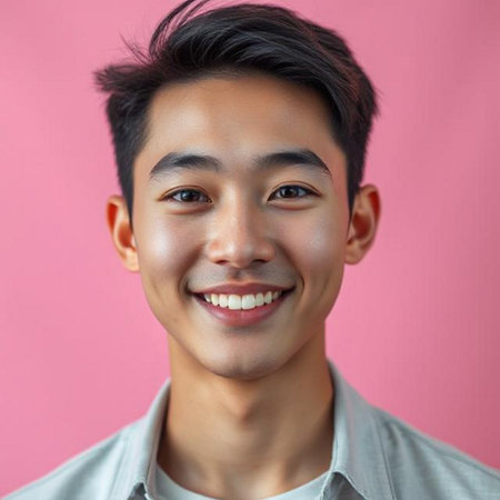 Portrait of a smiling young Asian man isolated on pink backgroundの素材