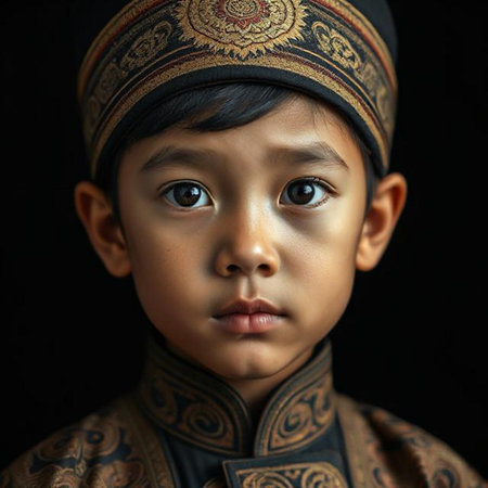 Portrait of a little Asian boy in traditional costume on black backgroundの素材