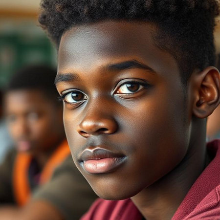 Portrait of a young African-American boy in a classroom.の素材