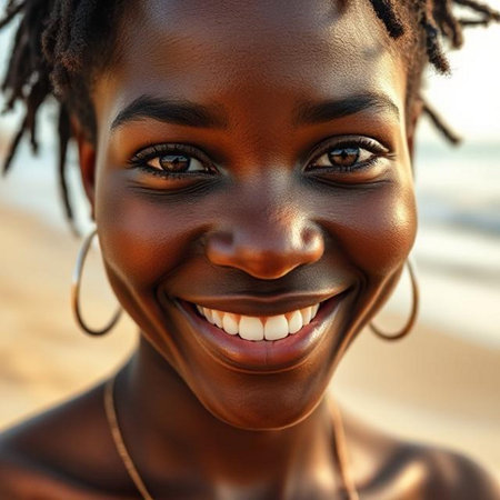 Close up portrait of a beautiful African American woman smiling at the beachの素材