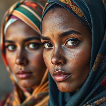 Close-up portrait of a beautiful young African woman with black headscarfの素材