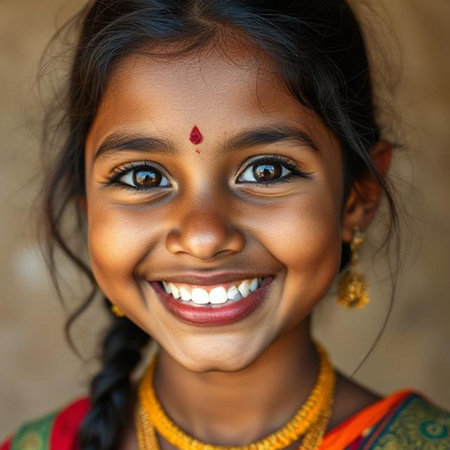 Portrait of a smiling Indian girl in traditional dress. India.の素材