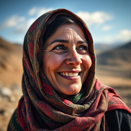 Woman in the desert with a scarf on her head smiling at the cameraの素材