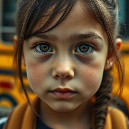 Portrait of a little girl with blue eyes in the city.の素材