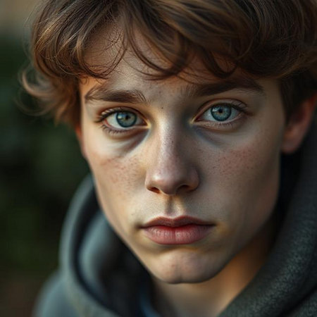 Portrait of a young boy with freckles and blue eyesの素材