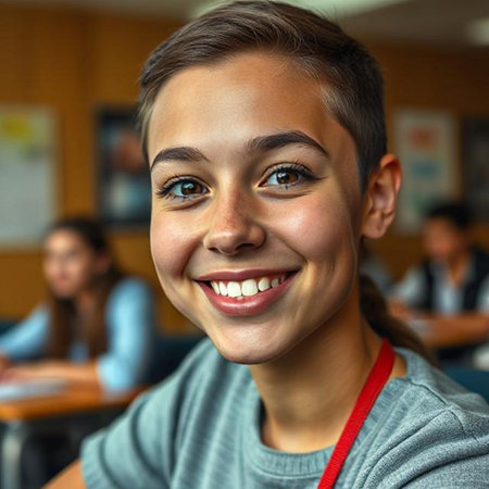 Portrait of smiling college student looking at camera in classroom with classmatesの素材