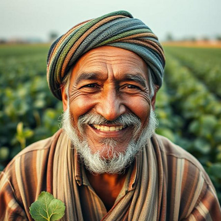 Portrait of an Indian farmer standing in his field smiling at the cameraの素材