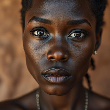 Portrait of a beautiful young African woman with black skin and makeupの素材
