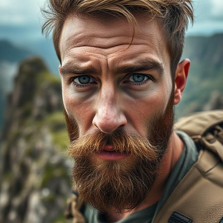 Portrait of a man with a beard and mustache on the background of the mountainsの素材