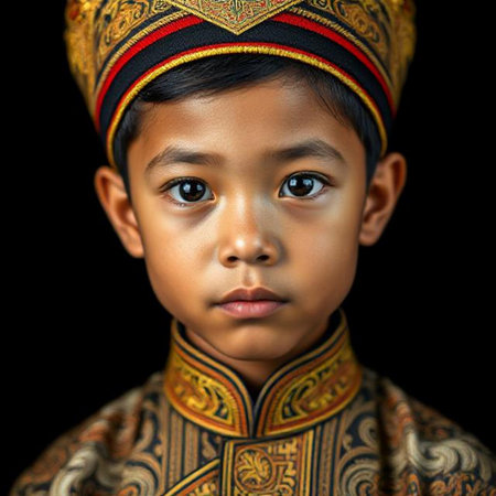 Portrait of a little Asian boy wearing traditional costume on black backgroundの素材