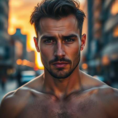 Portrait of a handsome young man on a city street at sunset.の素材