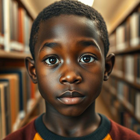 Portrait of a cute African-American boy in a library.の素材
