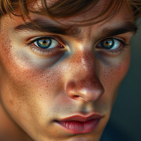Close-up portrait of a girl with freckles on her faceの素材