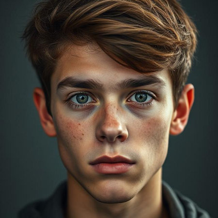 Portrait of a teenager boy with freckles on his faceの素材