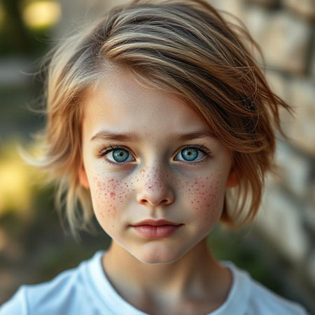 portrait of a little girl with freckles on her faceの素材