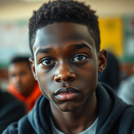 Portrait of a young African American boy at school.の素材