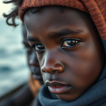 Portrait of a beautiful African little boy with black hair.の素材