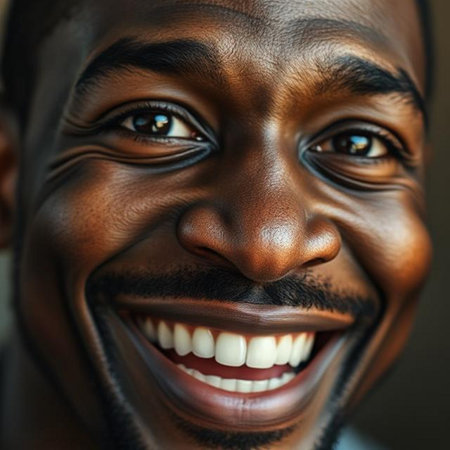 Close up portrait of a happy African American man laughing.の素材