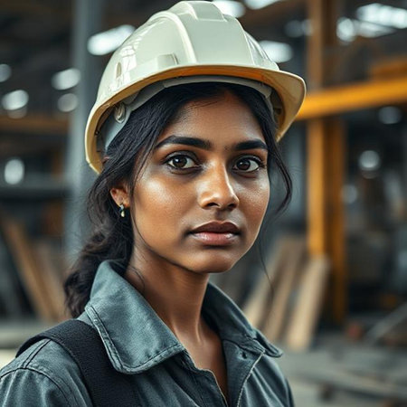 Portrait of a young female construction worker wearing a safety helmet.の素材