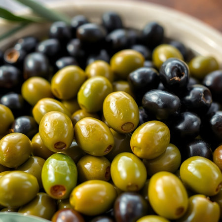 Green and black olives in a bowl on a wooden table.の素材