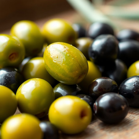 Black and green olives on a wooden table. Selective focus.の素材