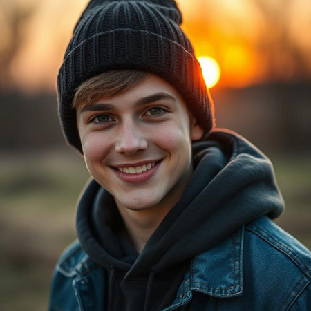 Portrait of a smiling boy in a hat and jeans jacket at sunsetの素材