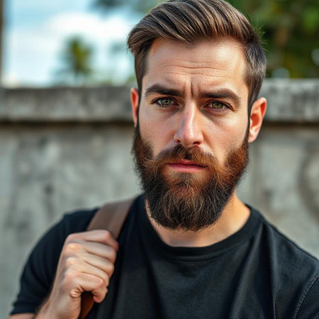 Portrait of a handsome man with beard and mustache in black t-shirt.の素材