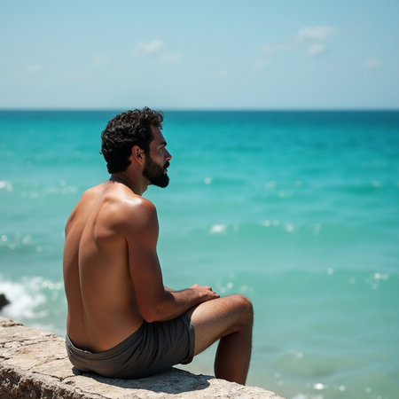 Handsome young man sitting on the edge of a cliff by the seaの素材