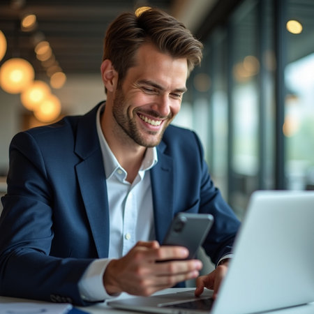 Portrait of smiling businessman using mobile phone while working with laptop in cafeの素材