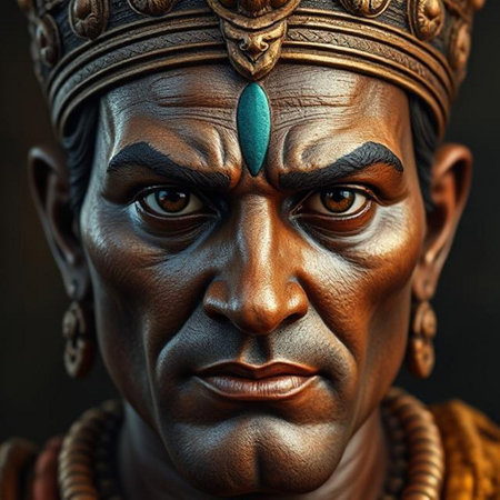 Portrait of a man with face painted in Indian style on dark backgroundの素材