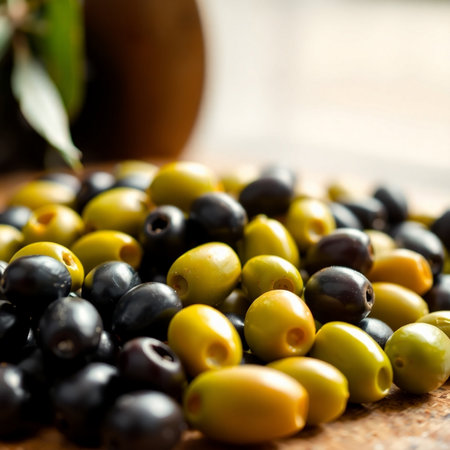 Black and green olives on wooden table. Selective focus.の素材