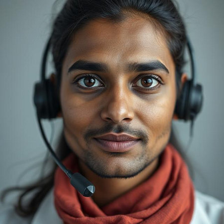 Close up portrait of a young Indian male telemarketer in headsetの素材