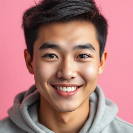 Portrait of a smiling young Asian man isolated on pink backgroundの素材